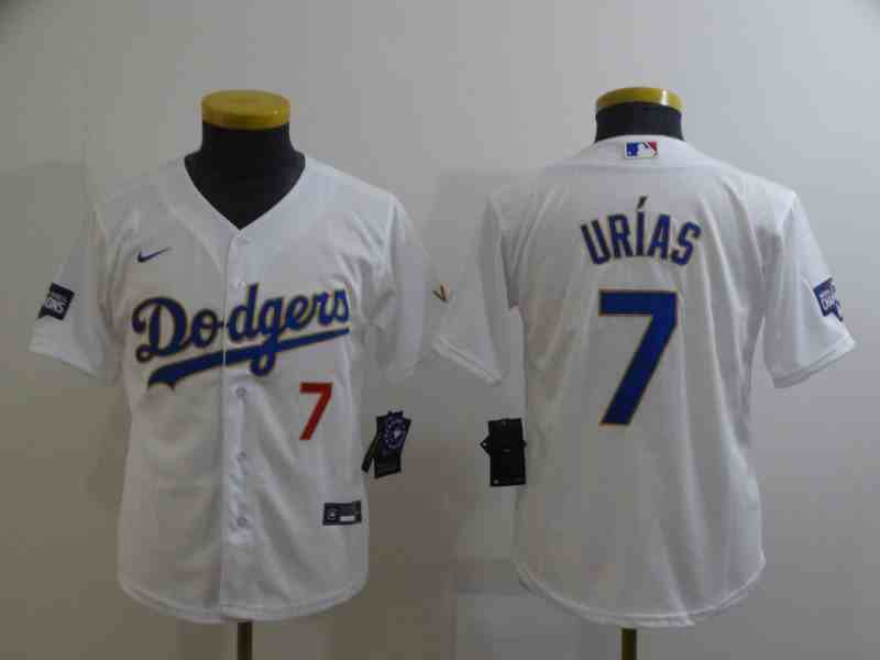 Youth Los Angeles Dodgers #7 Julio Urias White 2021 City Connect Cool Base Jersey with front of number