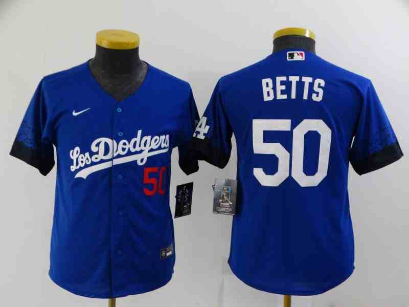 Youth Los Angeles Dodgers #50 Mookie Betts Royal Blue 2021 City Connect Cool Base Jersey with front of number