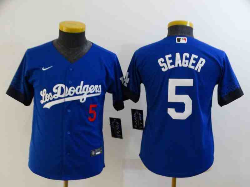 Youth Los Angeles Dodgers #5 Corey Seager Royal Blue 2021 City Connect Cool Base Jersey with front of number