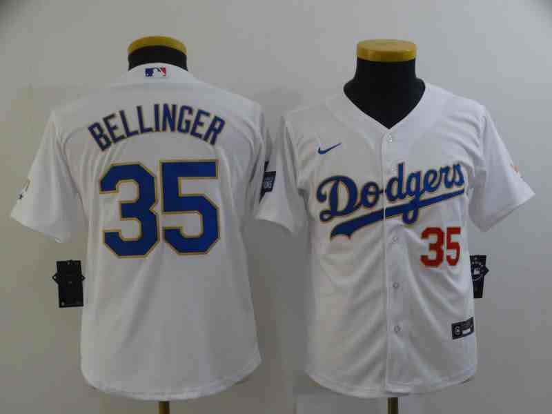 Youth Dodgers #35 Cody Bellinger White Youth Nike 2021 Gold Program Cool Base Jersey