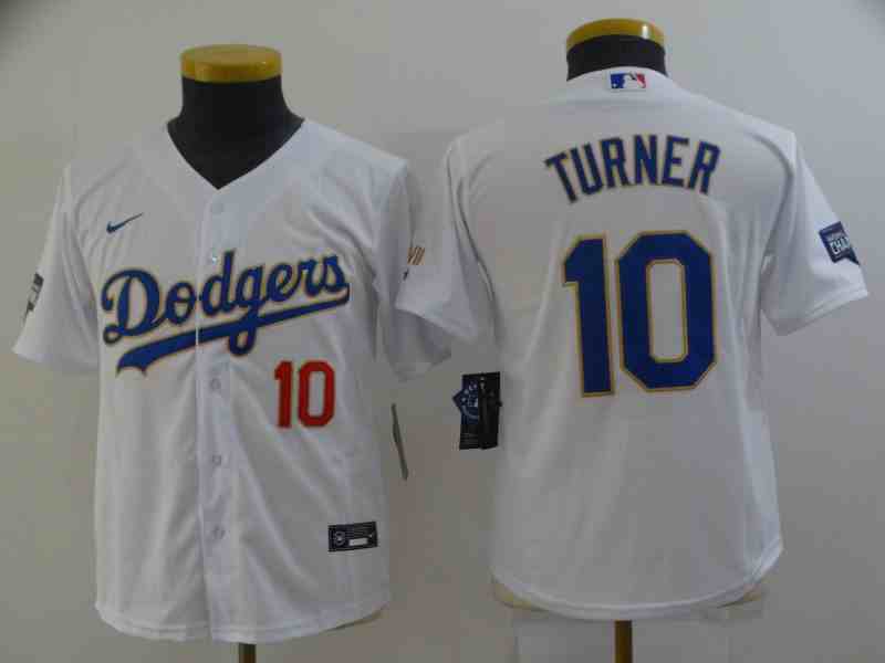 Youth Los Angeles Dodgers #10 Justin Turner White 2021 City Connect Cool Base Jersey with front of number