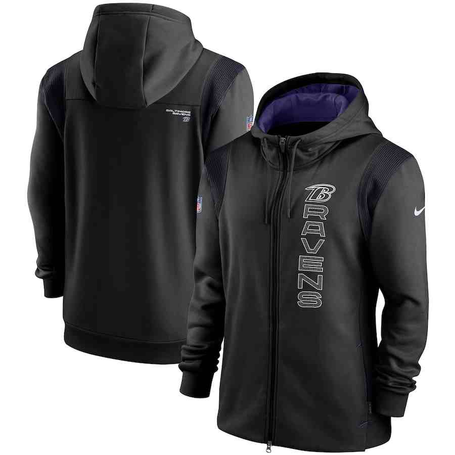 Men's Baltimore Ravens 2021 Black Sideline Team Performance Full-Zip Hoodie