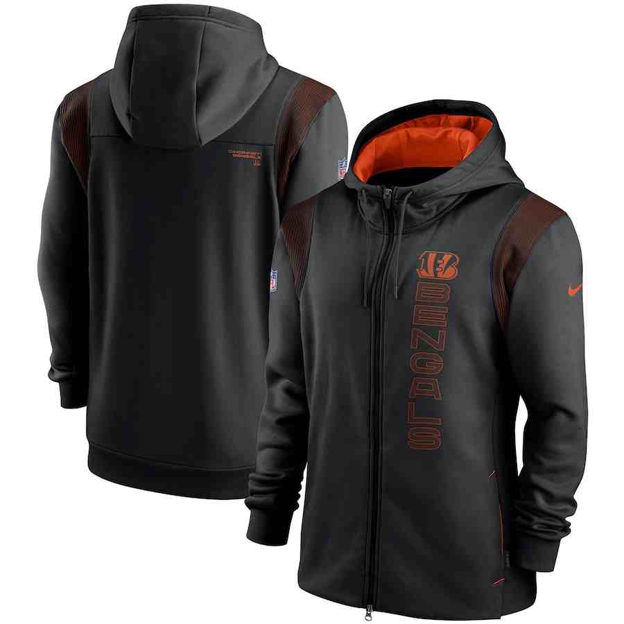 Men's Cincinnati Bengals 2021 Black Sideline Team Performance Full-Zip Hoodie