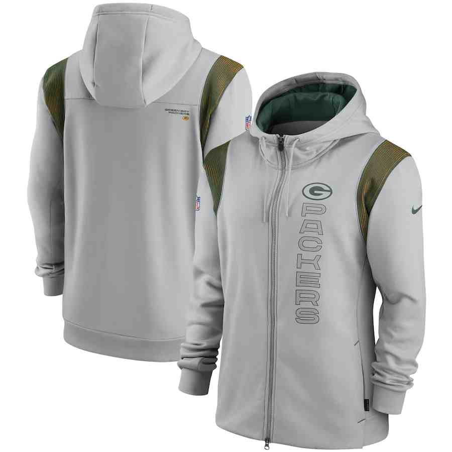 Men's Green Bay Packers 2021 Grey Sideline Team Performance Full-Zip Hoodie