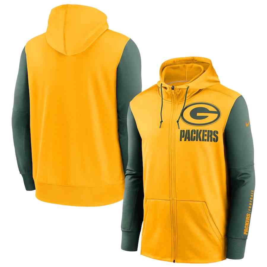 Nike Green Bay Packers GoldGreen Fan Gear Mascot Performance Full-Zip Hoodie