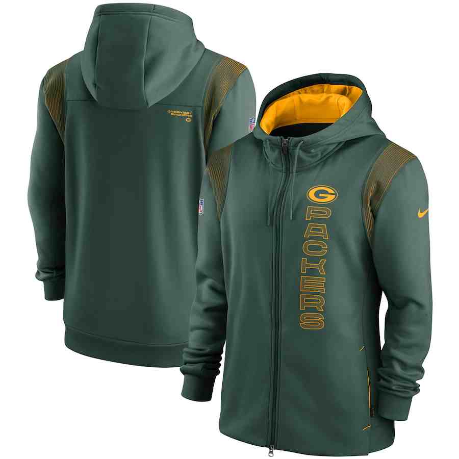 Men's Green Bay Packers 2021 Green Sideline Team Performance Full-Zip Hoodie