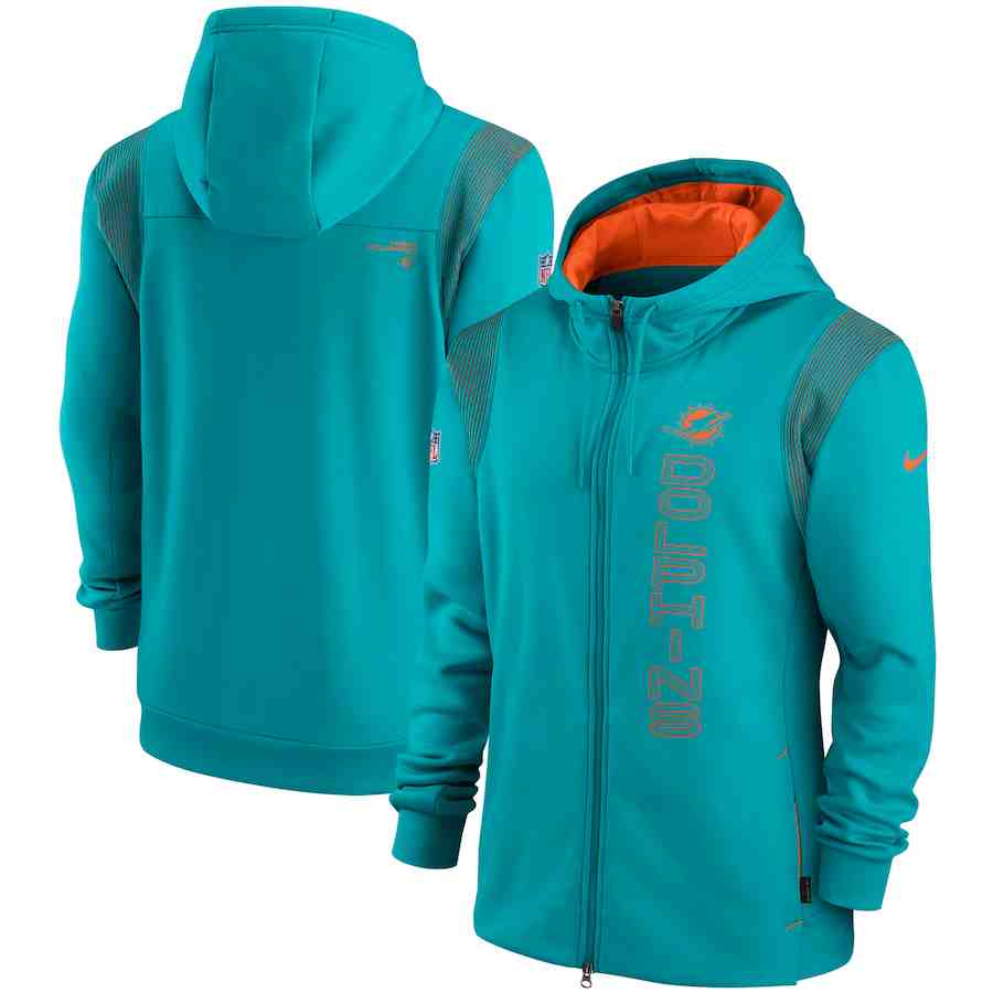 Men's Miami Dolphins 2021 Aqua Sideline Team Performance Full-Zip Hoodie