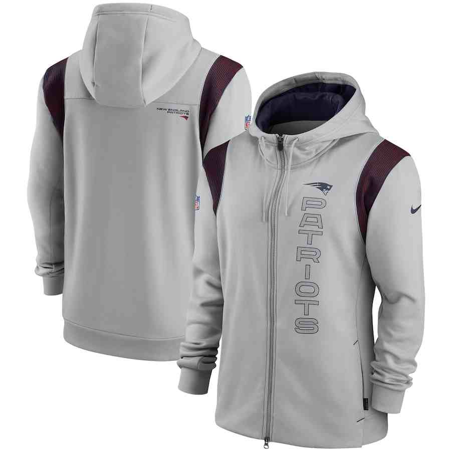 Men's New England Patriots 2021 Grey Sideline Team Performance Full-Zip Hoodie