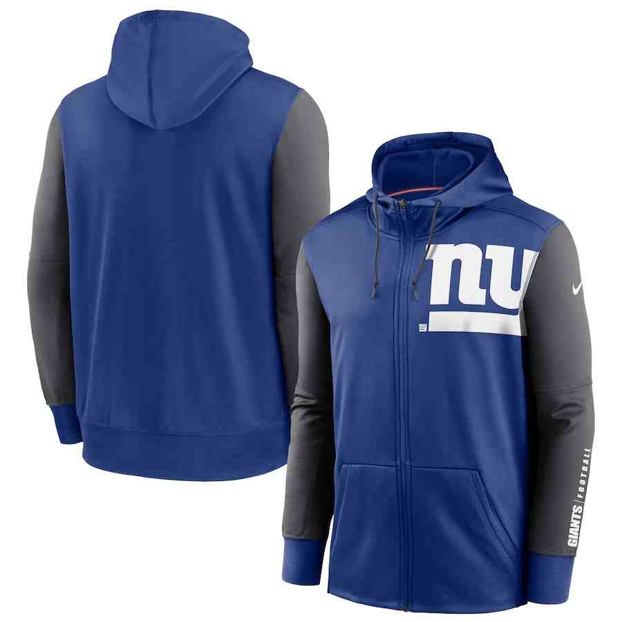 Nike New York Giants RoyalCharcoal Fan Gear Mascot Performance Full-Zip Hoodie