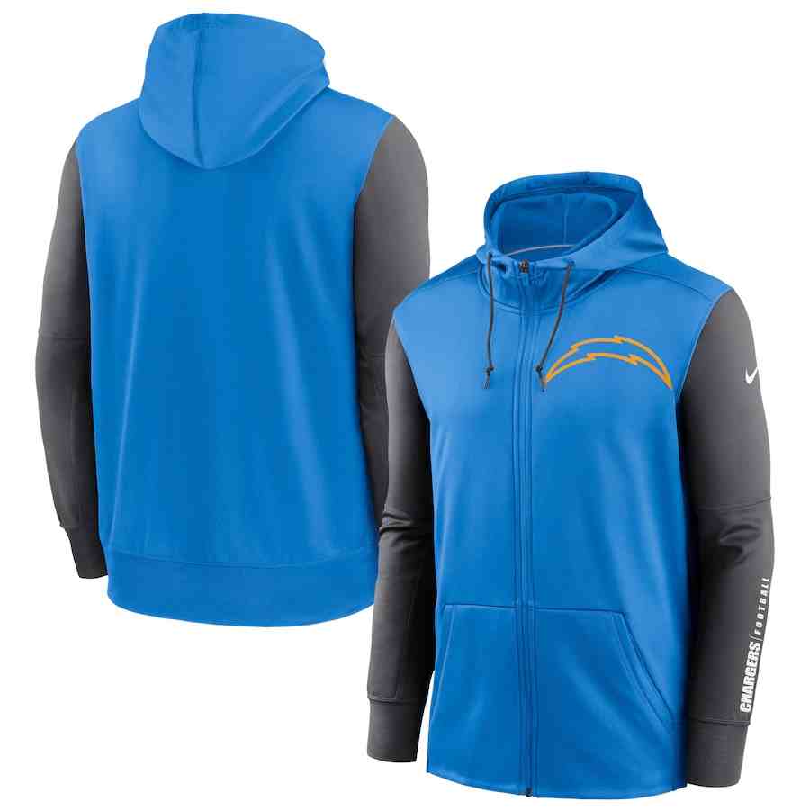 Nike Los Angeles Chargers Powder BlueCharcoal Fan Gear Mascot Performance Full-Zip Hoodie