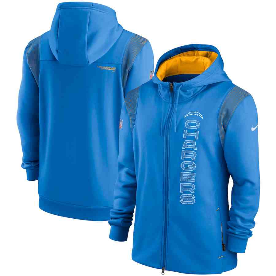 Men's Los Angeles Chargers 2021 Blue Sideline Team Performance Full-Zip Hoodie