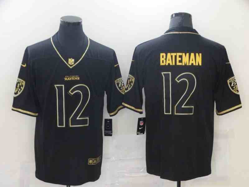 Men's Baltimore Ravens 12 Rashod Bateman Black Golden Edition Jersey