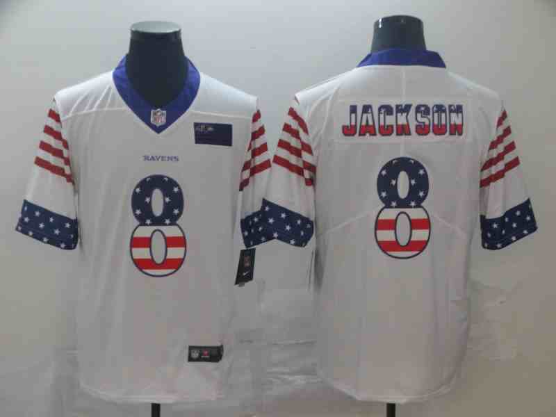 Nike Ravens 8 Lamar Jackson White USA Flag Fashion Limited Jersey