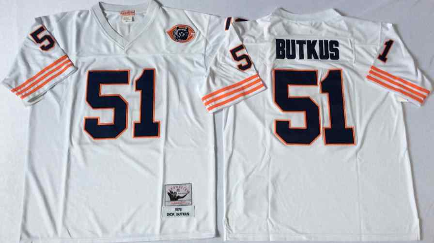 Men's Chicago Bears 51 Dick Butkus Throwback White Jersey with Bear Patch