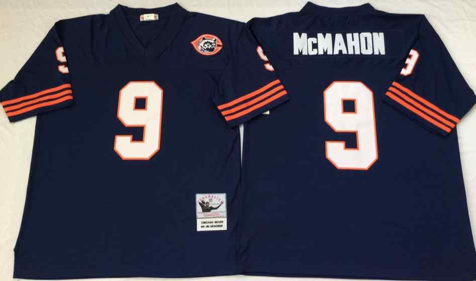 Men's Chicago Bears 9 Jim McMahon Throwback Blue Jersey with Bear Patch