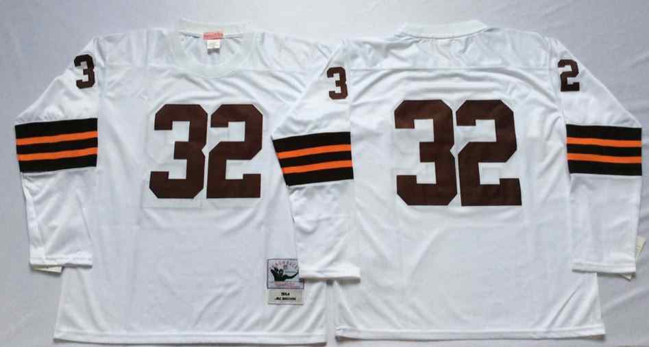 Men's Cleveland Browns 32 Jim Brown 1964 Throwback White  Long Sleeve  Jersey