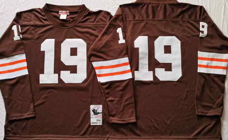 Men's Cleveland Browns 19 Bernie Kosar 1986 Throwback Brown Long Sleeve  Jersey