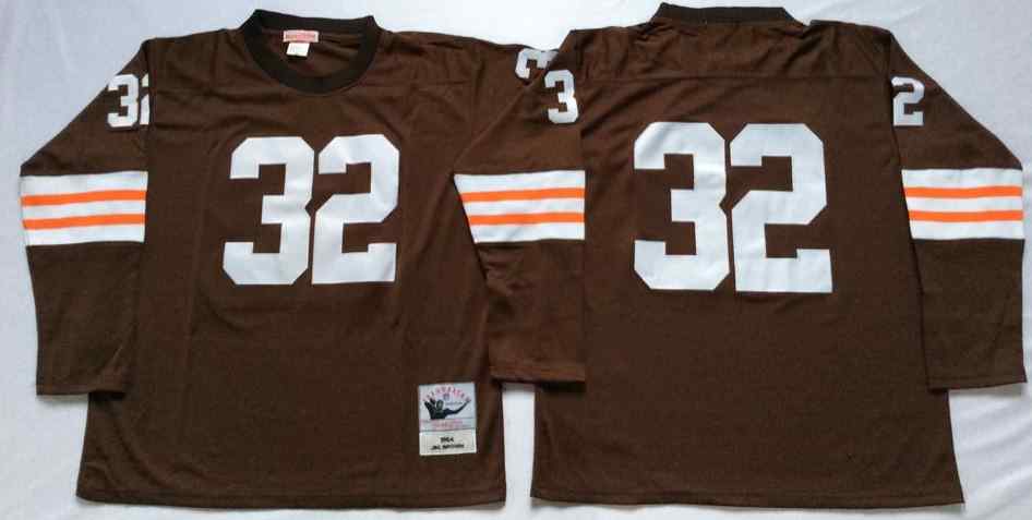 Men's Cleveland Browns 32 Jim Brown 1964 Throwback Brown  Long Sleeve Jersey