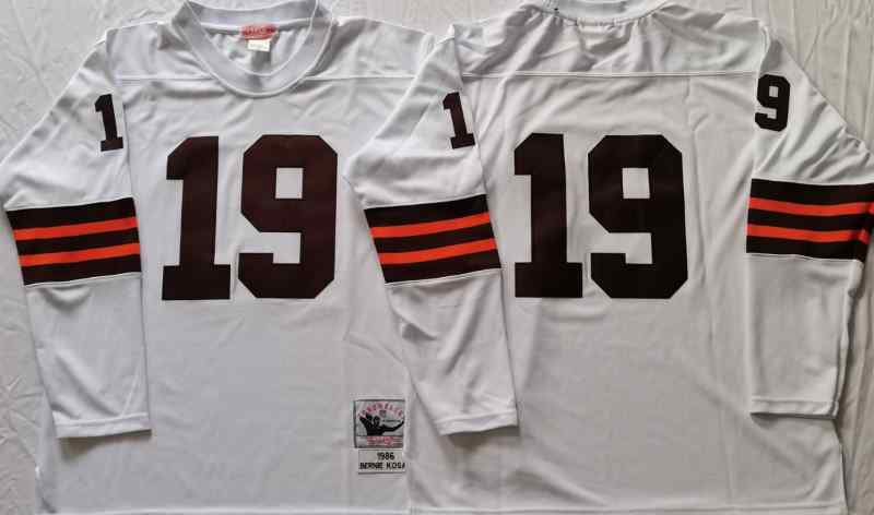 Men's Cleveland Browns 19 Bernie Kosar 1986 Throwback White Long Sleeve  Jersey