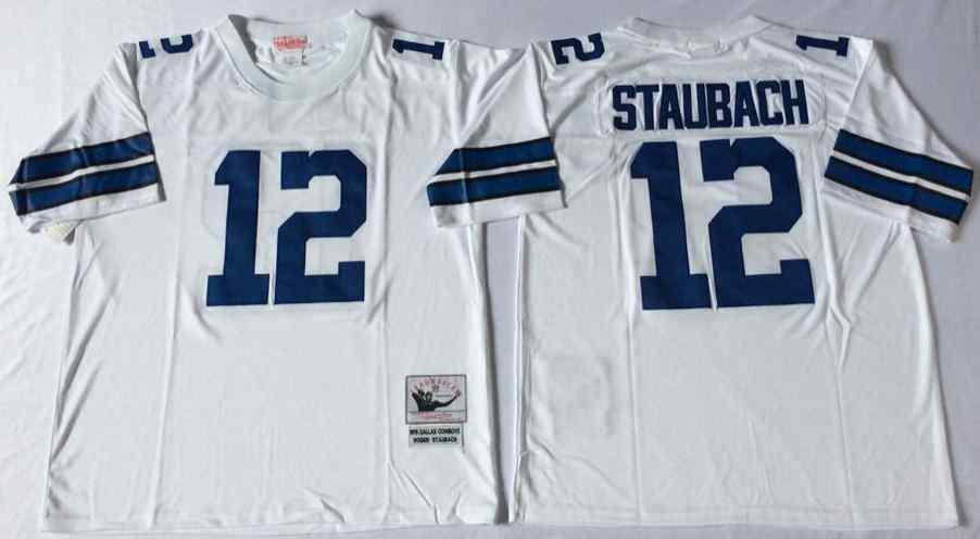Dallas Cowboys 12 Roger Staubach 1977 Throwback White Jersey