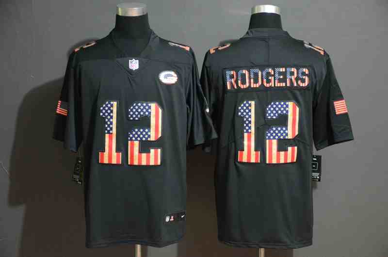 Nike Packers 12 Aaron Rodgers 2019 Black Salute To Service USA Flag Fashion Limited Jersey