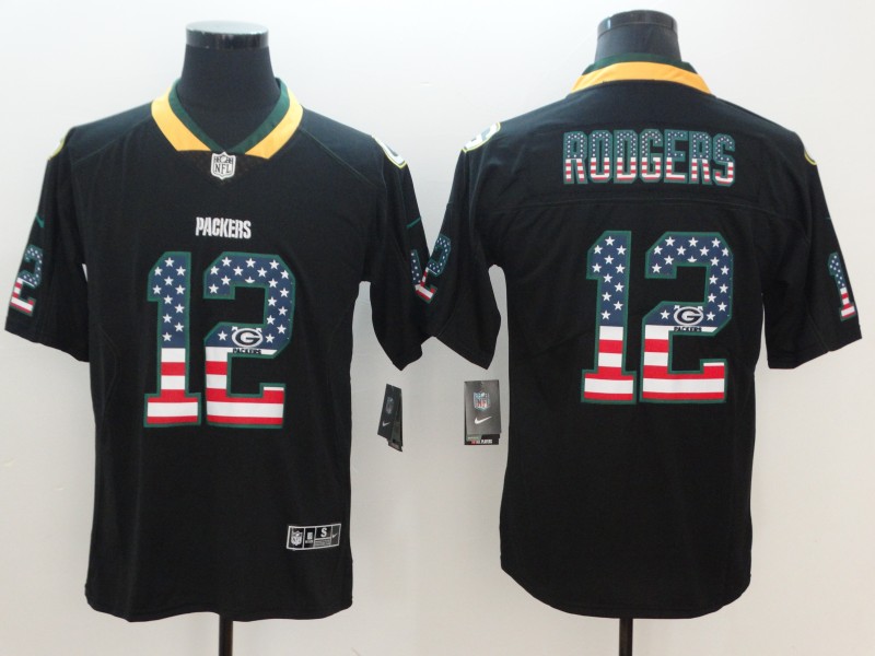 Men's Green Bay Packers 12 Aaron Rodgers Black 2018 USA Flag Color Rush Limited Fashion NFL Stitched Jersey