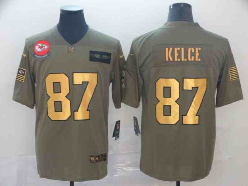 Nike Chiefs 87 Travis Kelce 2019 Olive Gold Salute To Service Limited Jersey