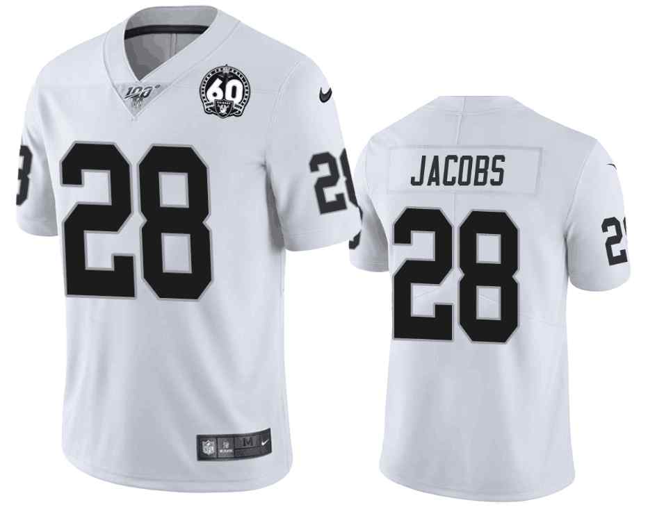 Men's Raiders 28 Josh Jacobs White 100th Season With 60 Patch Vaper Limited Stitched NFL Jersey