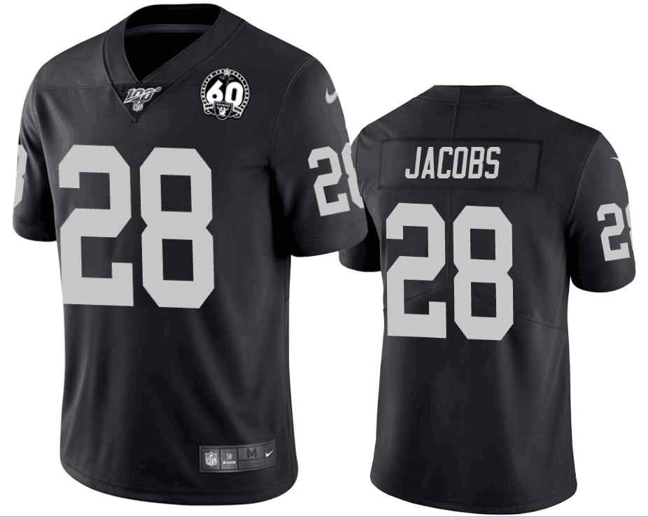 Men's Raiders 28 Josh Jacobs Black 100th Season With 60 Patch Vapor Limited Stitched NFL Jersey