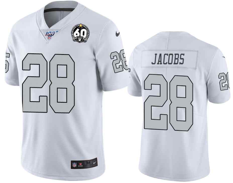 Men's Raiders 28 Josh Jacobs White 100th Season With 60 Patch Color Rush Limited Stitched NFL Jersey