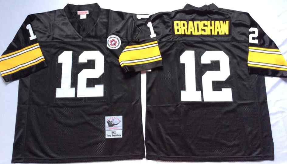 Pittsburgh Steelers 12 Terry Bradshaw 1975 Throwback Black Jersey