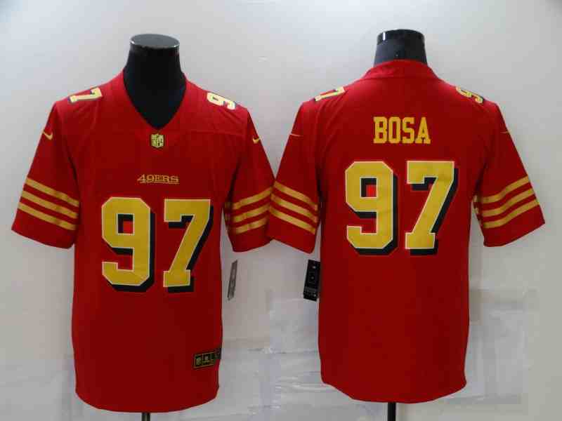 Nike 49ers 97 Nick Bosa  Red Gold Color Rush Vapor Untouchable Limited Jersey