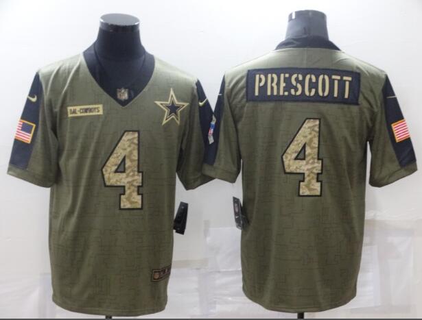 Men's Dallas Cowboys 4 Dak Prescott 2021 Olive Camo Salute To Service Limited Stitched Jersey
