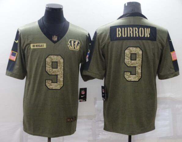 Men's Cincinnati Bengals 9 Joe Burrow Nike Olive Camo 2021 Salute To Service Limited Player Jersey