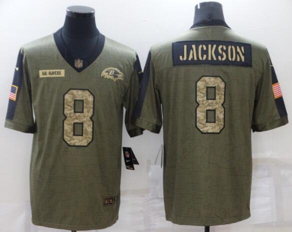 Men's Baltimore Ravens 8 Lamar Jackson Nike Olive Camo 2021 Salute To Service Limited Player Jersey