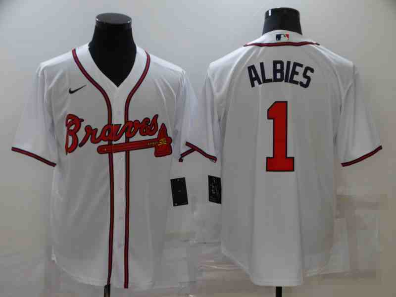 Men's Atlanta Braves 1 Ozzie Albies Nike White 2021 World Series Champions Replica Player Jersey
