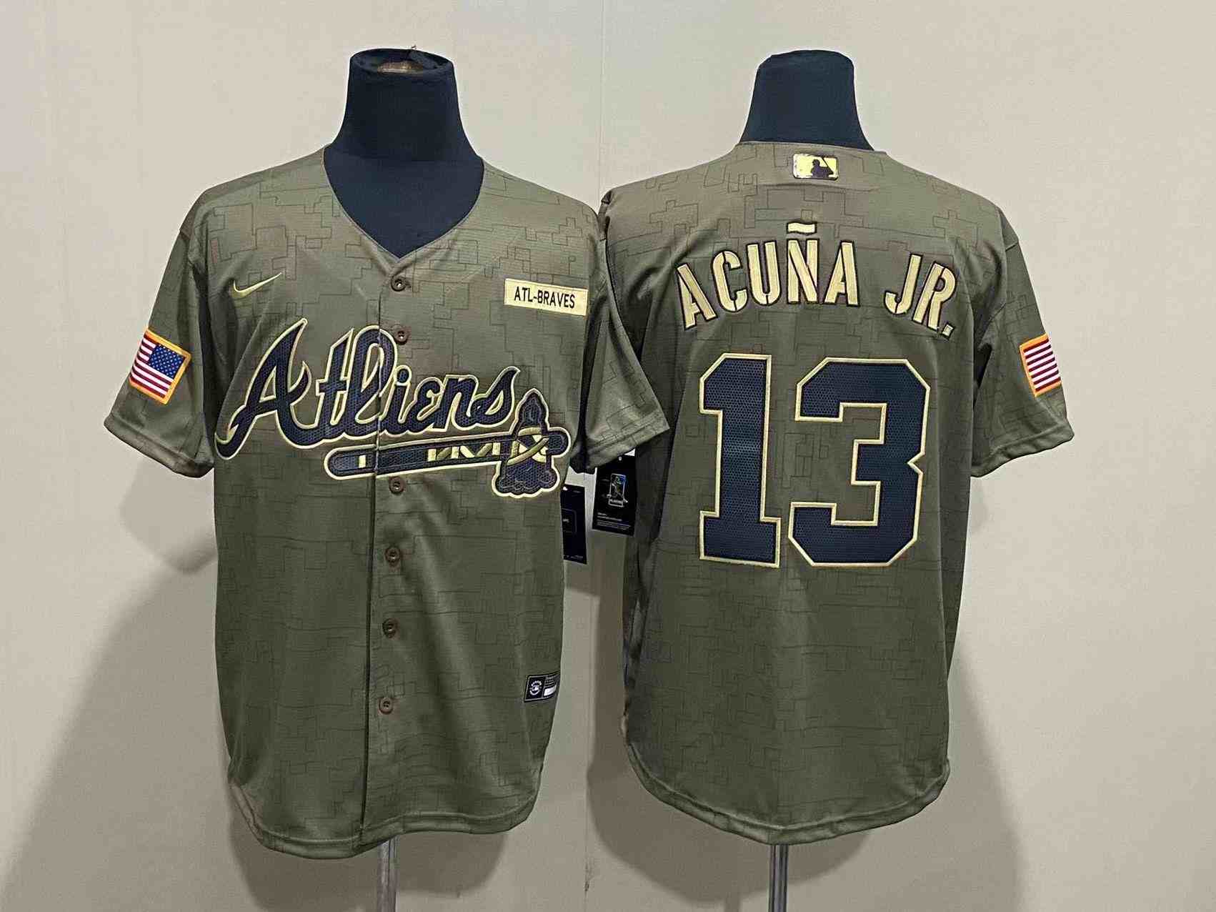Men's Atlanta Braves #13 Ronald Acuna Jr Nike Olive 2021 Salute To Service Limited Player Jersey