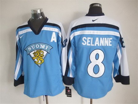 Men's Suomi #8 Teemu Selanne Light Blue Jersey