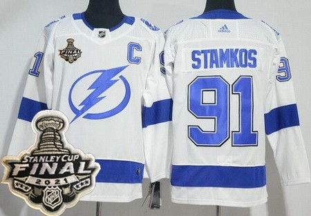 Men's Tampa Bay Lightning #91 Steven Stamkos White 2021 Stanley Cup Finals Authentic Jersey