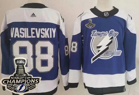 Men's Tampa Bay Lightning #88 Andrei Vasilevskiy Blue 2021 Reverse Retro 2021 Stanley Cup Champions Authentic Jersey