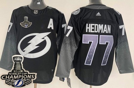 Men's Tampa Bay Lightning #77 Victor Hedman Black Alternate 2021 Stanley Cup Champions Authentic Jersey