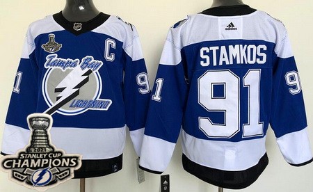 Men's Tampa Bay Lightning #91 Steven Stamkos Blue 2021 Reverse Retro 2021 Stanley Cup Champions Authentic Jersey