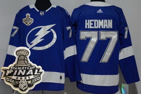 Men's Tampa Bay Lightning #77 Victor Hedman Blue 2021 Stanley Cup Finals Authentic Jersey