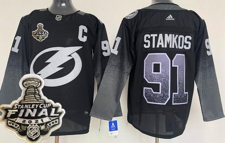 Men's Tampa Bay Lightning #91 Steven Stamkos Black Alternate 2021 Stanley Cup Finals Authentic Jersey