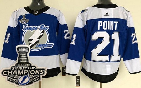 Men's Tampa Bay Lightning #21 Brayden Point Blue 2021 Reverse Retro 2021 Stanley Cup Champions Authentic Jersey