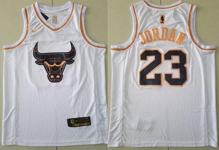 Men's Chicago Bulls #23 Michael Jordan White Gold Icon Swingman Jersey