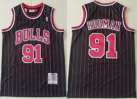 Men's Chicago Bulls #91 Dennis Rodman Black Stripes 1995 Throwback Swingman Jersey