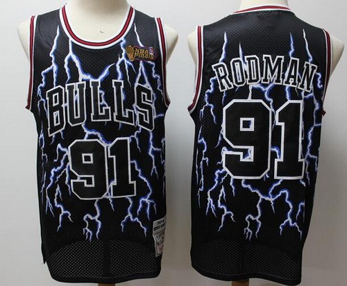 Men's Chicago Bulls #91 Dennis Rodman Black Lightning Finals Throwback Swingman Jersey