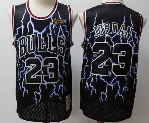 Men's Chicago Bulls #23 Michael Jordan Black Lightning Finals Throwback Swingman Jersey