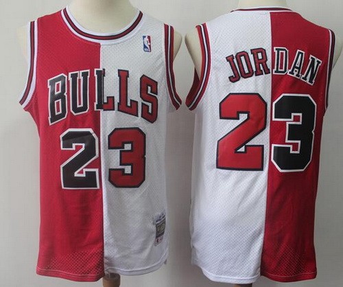 Men's Chicago Bulls #23 Michael Jordan Red White Split 1996 Throwback Swingman Jersey